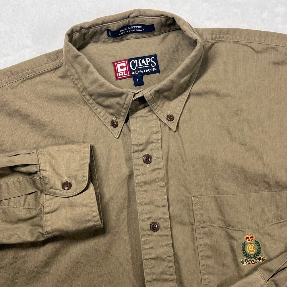 Chaps Ralph Lauren Button Down Shirt Mens Large Khaki Tan Vintage Cotton Crest